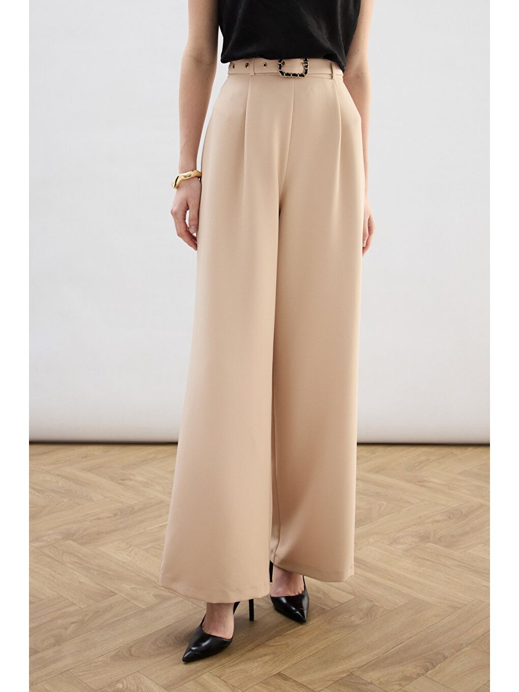 Kemerli Bol Pantolon - Bej-5