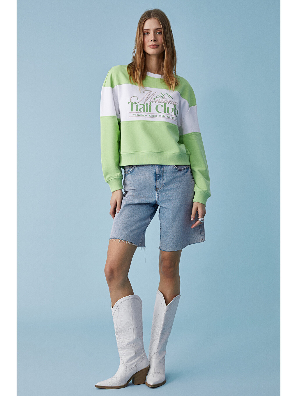 Payne Kadın Bisiklet Yaka Oversize Beyaz-yeşil Sweatshirt-1