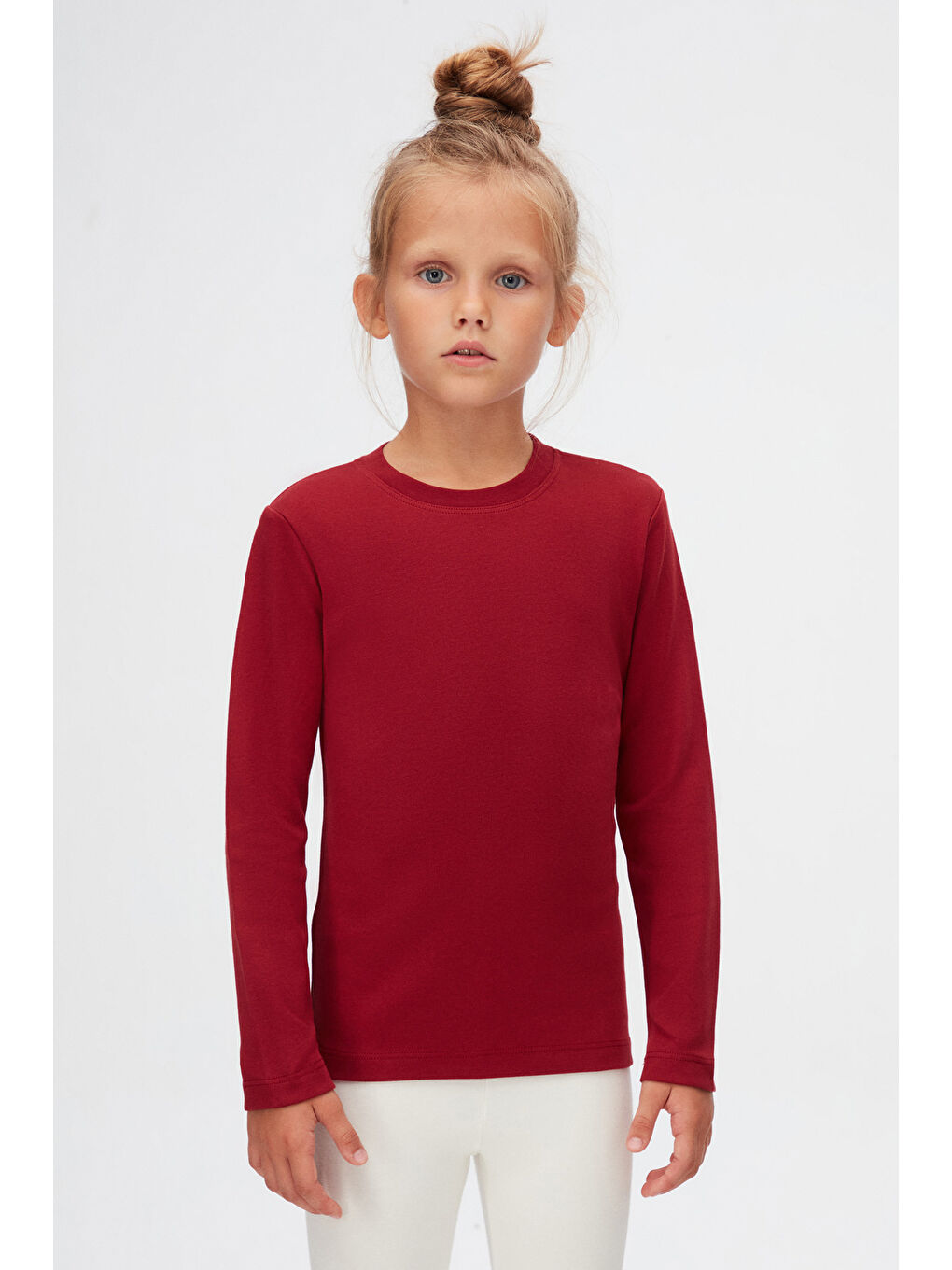 Bordo Basic Unisex Çocuk Kışlık Sıfır Yaka Uzun Kollu Tişört-1