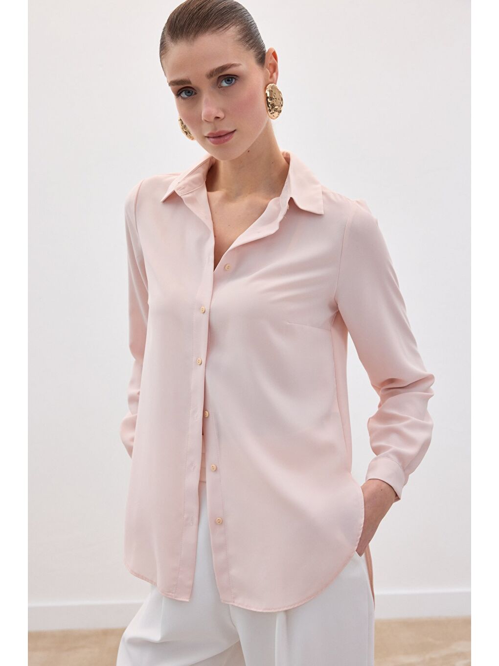 Pembe Düz Klasik Gömlek - Pudra-4
