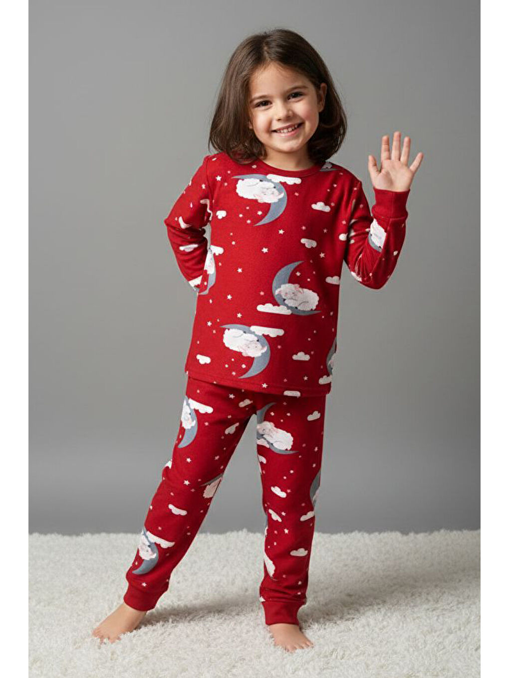 Kırmızı Kız Çocuk Kirmizi Baskılı Süet Pijama Takımı - 28127-KIRMIZI