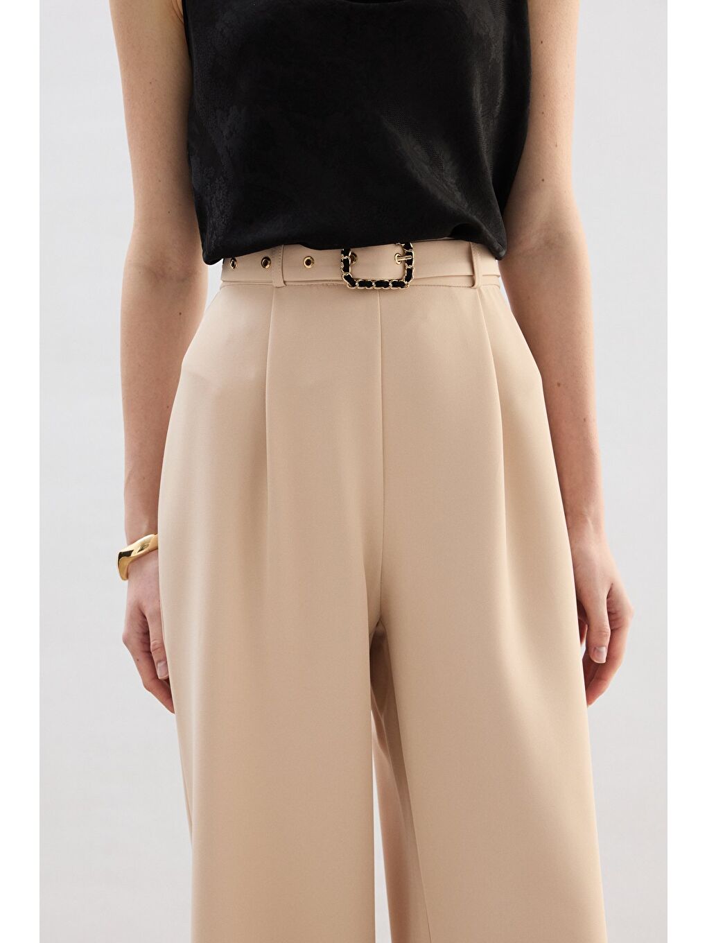 Kemerli Bol Pantolon - Bej-6