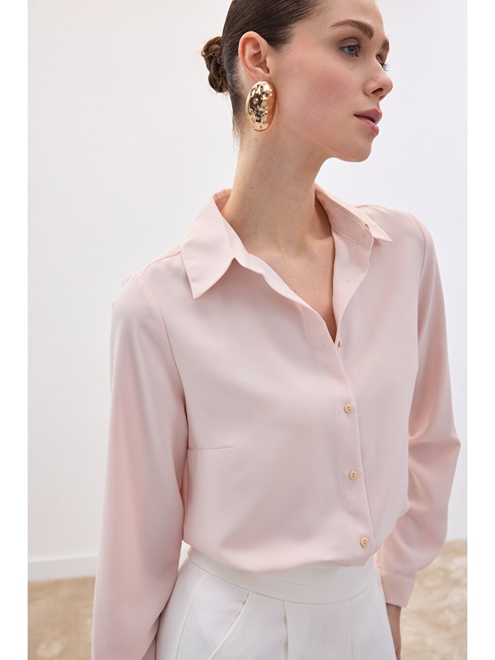 Pembe Düz Klasik Gömlek - Pudra-5