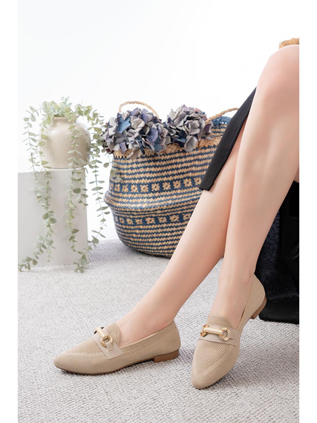 Ekru Zeyha Toka Detaylı Günlük Triko Sivri Burun Kadın Babet-1