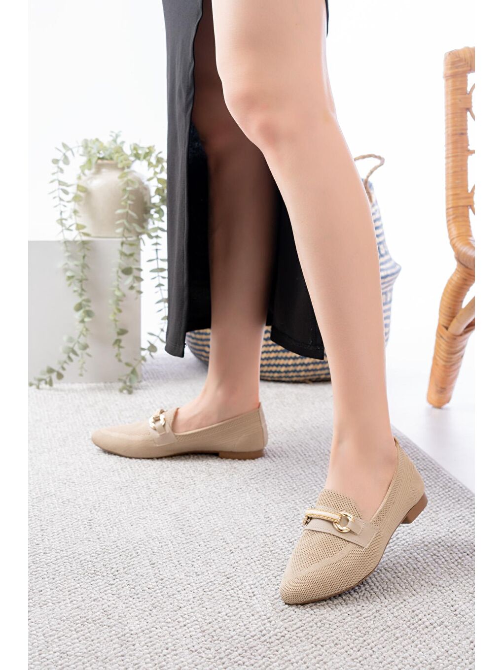 Ekru Zeyha Toka Detaylı Günlük Triko Sivri Burun Kadın Babet-2