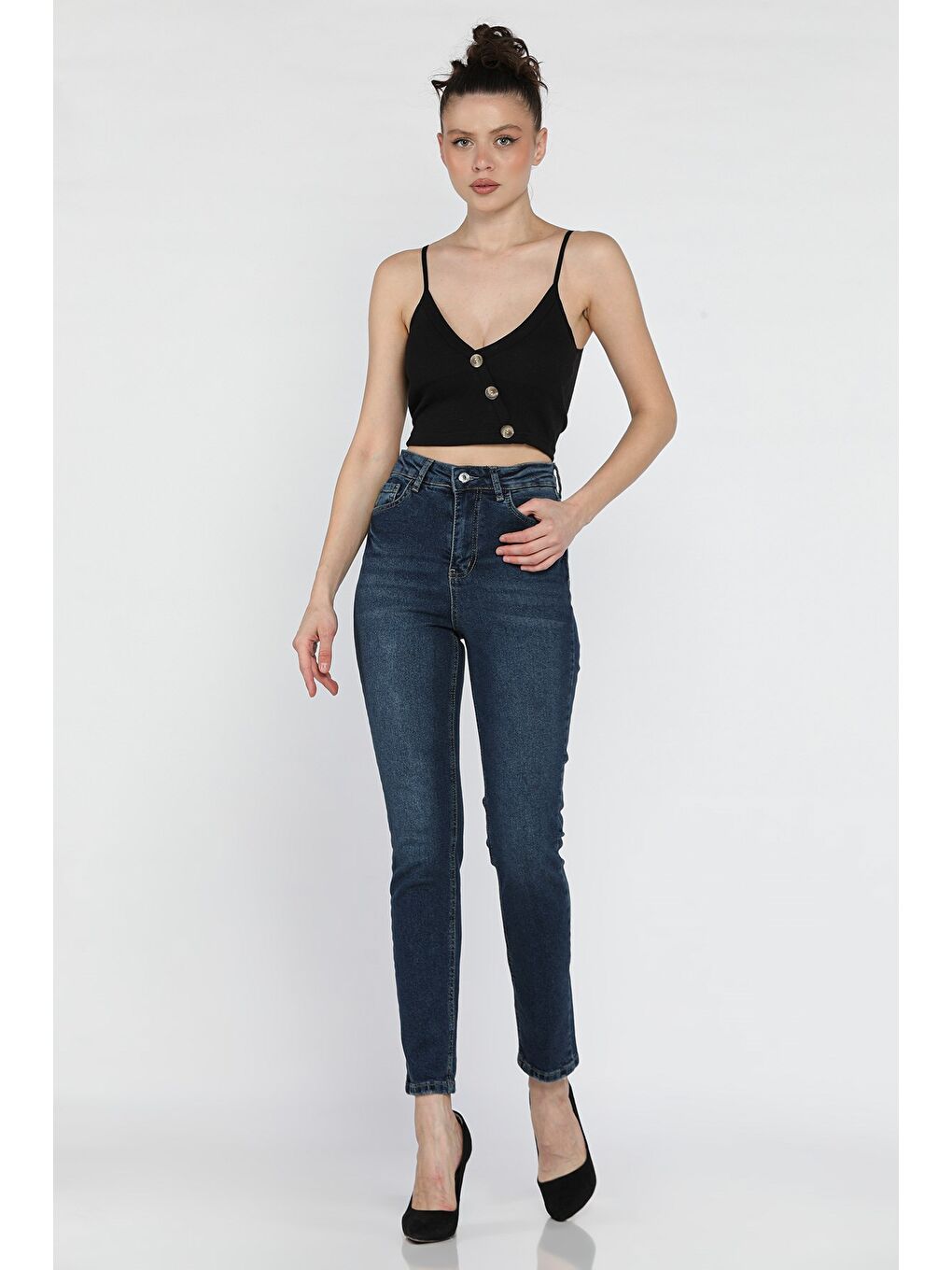 Lacivert Kadın Elastanlı Yüksek Bel Mom Jean Pantolon