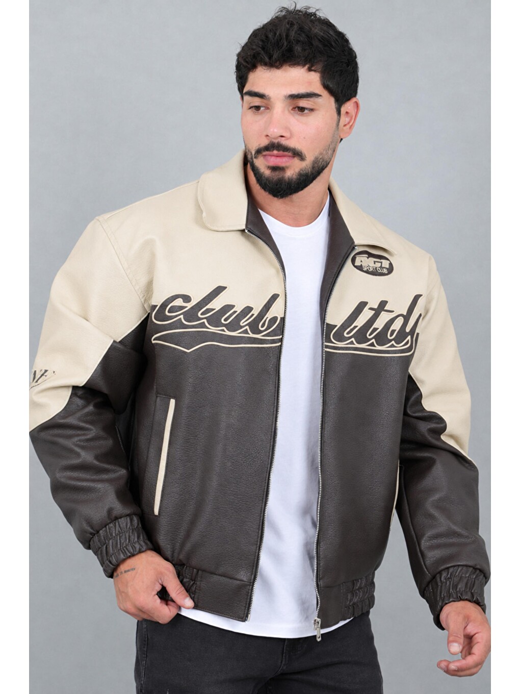 Ekru Baskılı Çift Renk Oversize Suni Deri Mont Kmd 882_50531-1