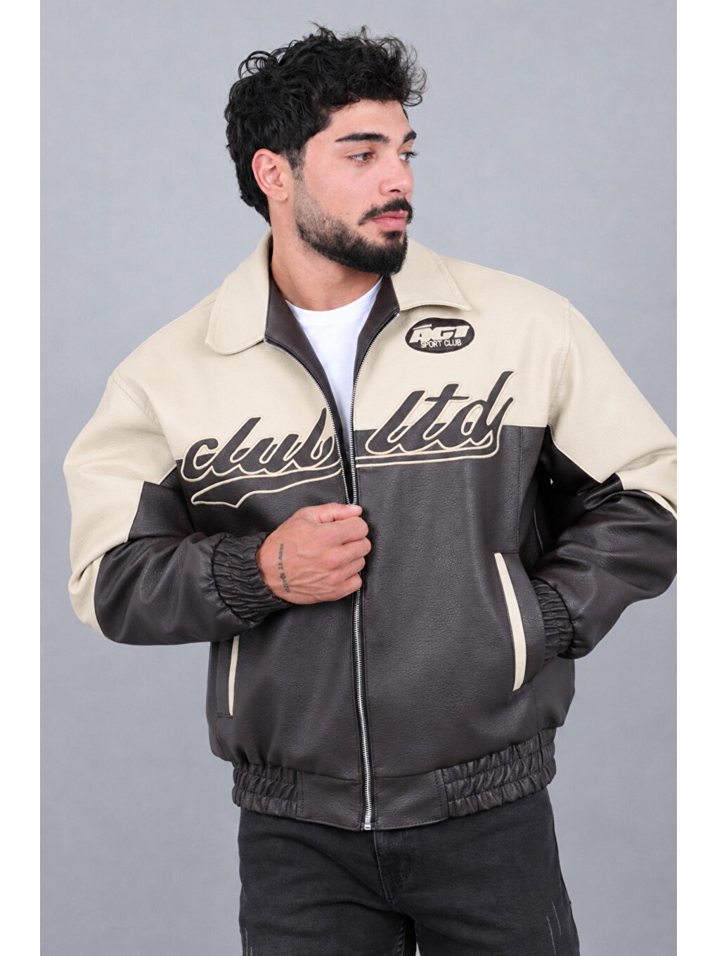 Ekru Baskılı Çift Renk Oversize Suni Deri Mont Kmd 882_50531-2