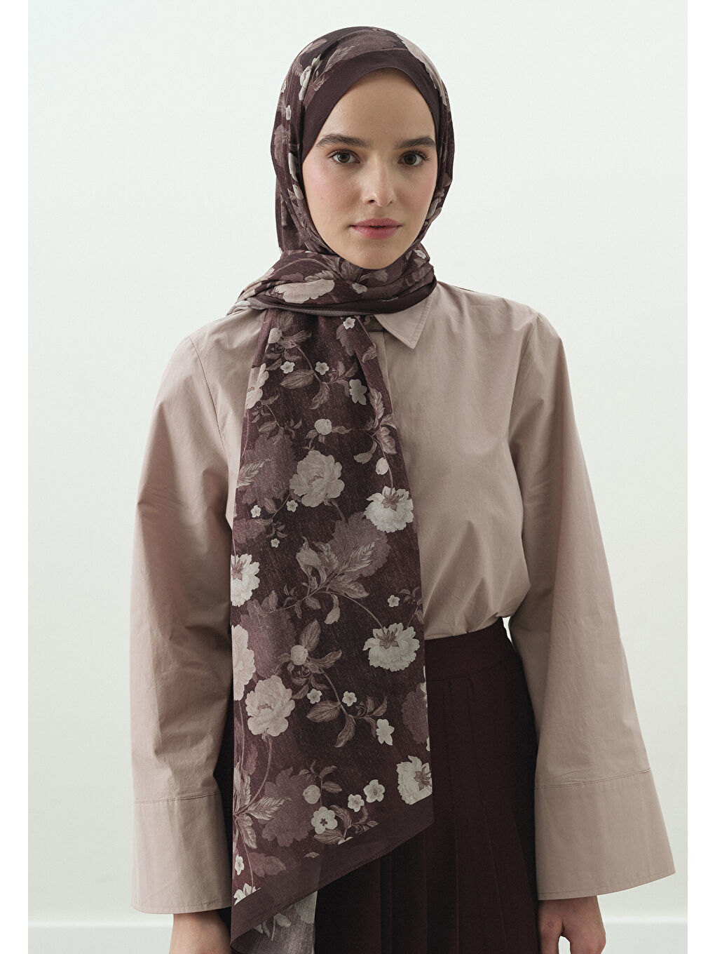 Mürdüm REVERIE DESENLİ PAMUK VİSKON ŞAL MÜRDÜM-1