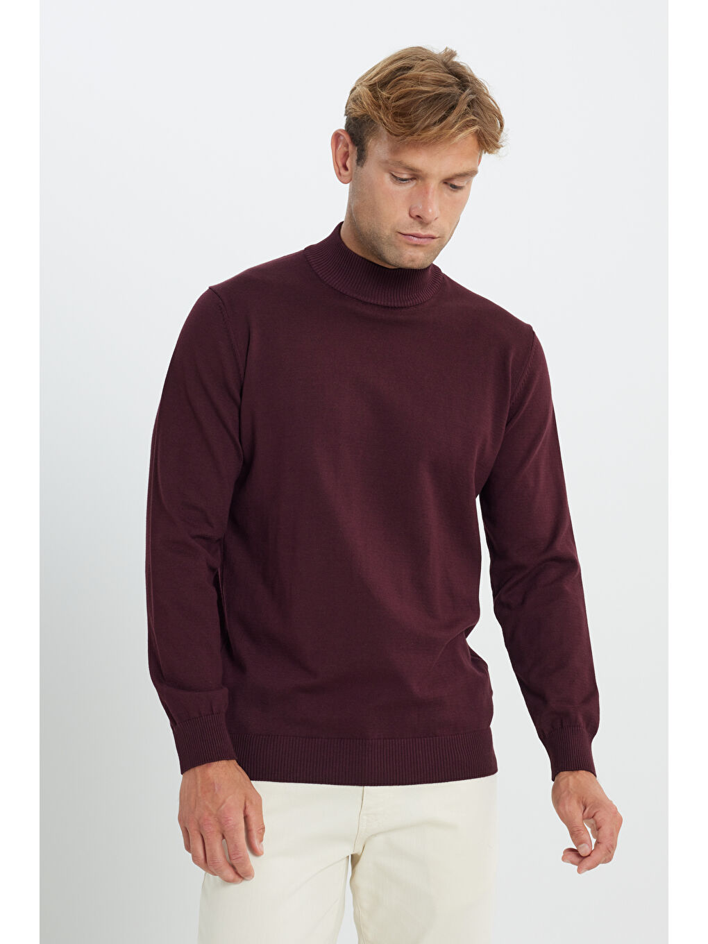 Erkek Bordo Pamuklu Standart Fit Normal Kesim Yarım Balıkçı Yaka Triko Kazak-2