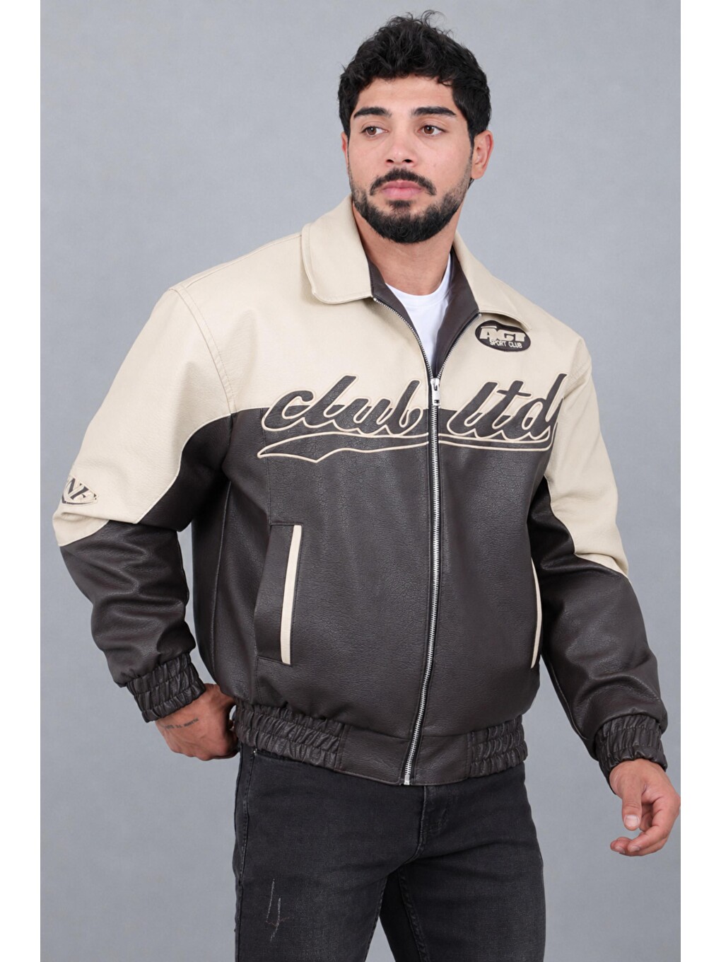 Ekru Baskılı Çift Renk Oversize Suni Deri Mont Kmd 882_50531-3