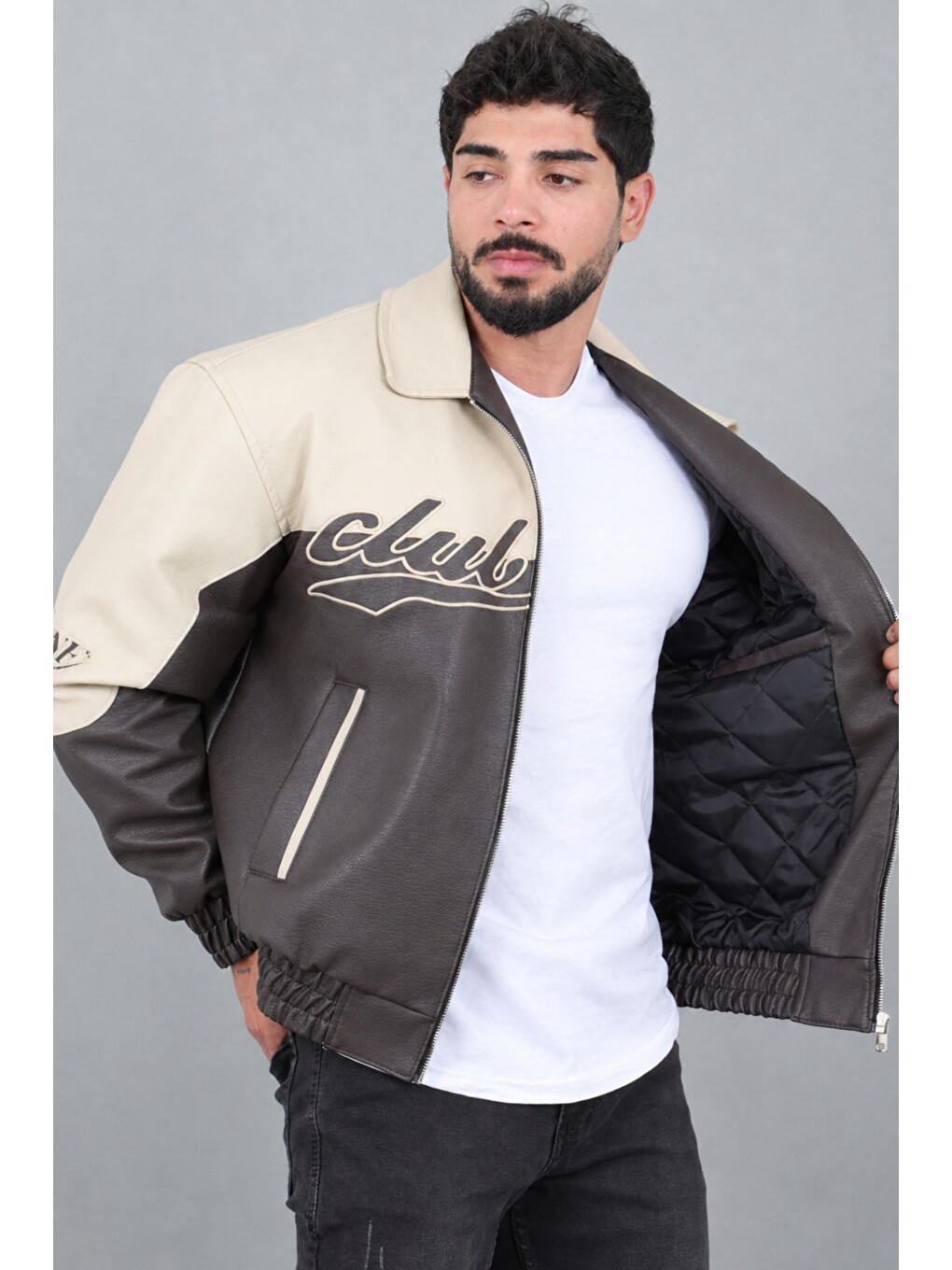 Ekru Baskılı Çift Renk Oversize Suni Deri Mont Kmd 882_50531-4