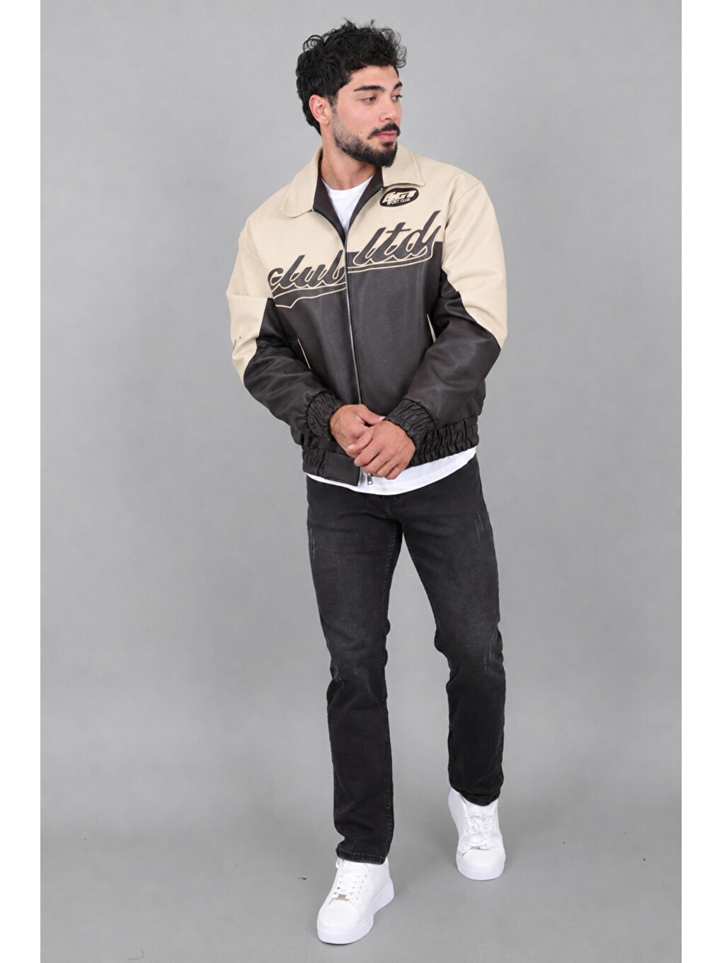 Ekru Baskılı Çift Renk Oversize Suni Deri Mont Kmd 882_50531-5