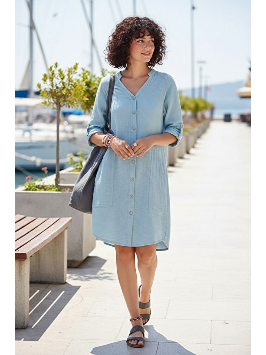 Açık Mavi Hakim Yaka Düğmeli 3/4 Kol Kanguru Cepli Casual Müslin Salaş Dokuma Elbise 102 67-2