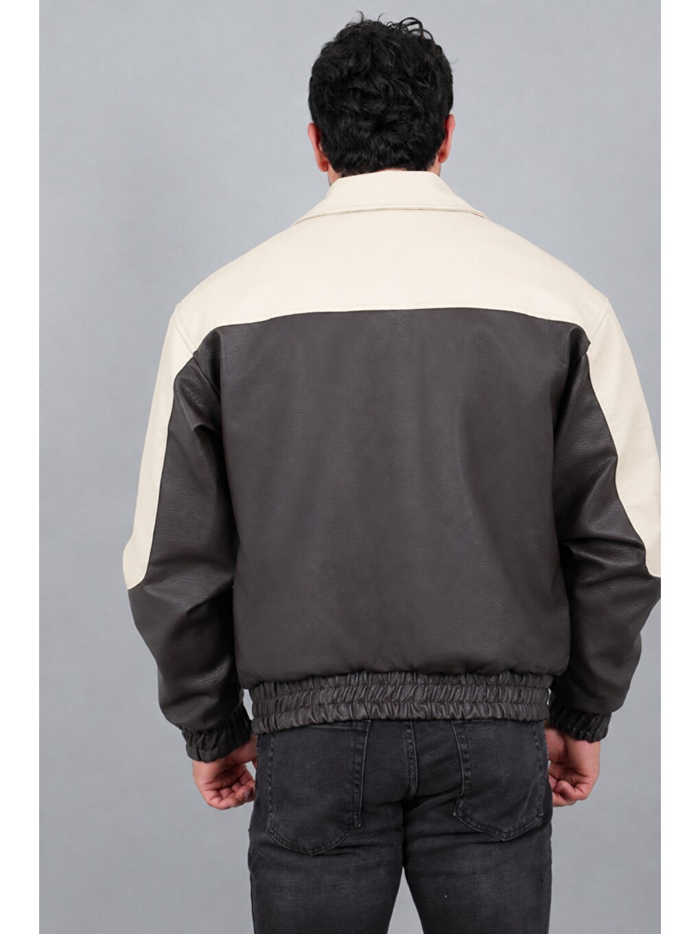 Ekru Baskılı Çift Renk Oversize Suni Deri Mont Kmd 882_50531-6