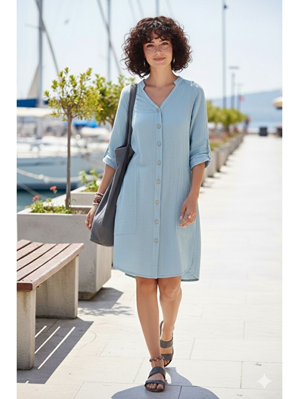 Açık Mavi Hakim Yaka Düğmeli 3/4 Kol Kanguru Cepli Casual Müslin Salaş Dokuma Elbise 102 67-3