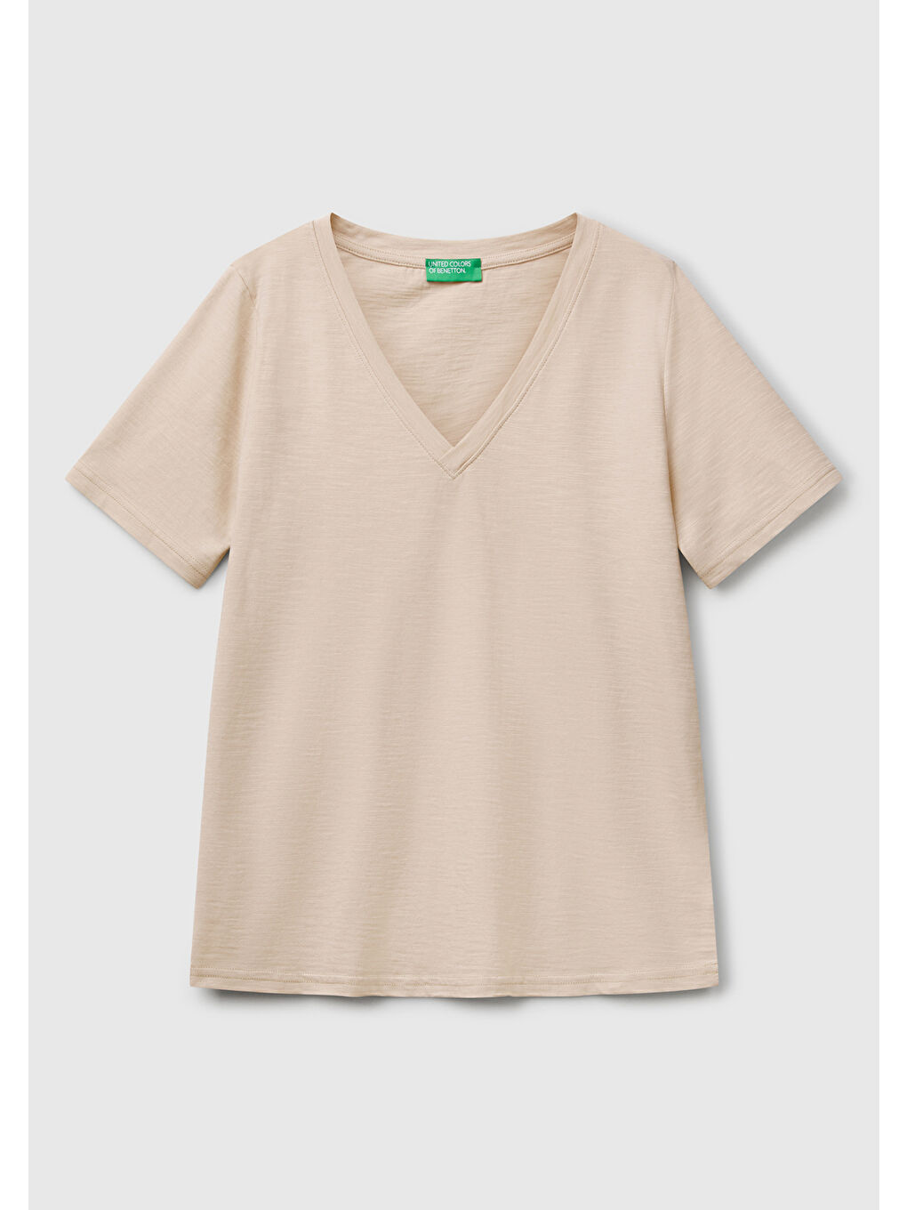 Kadın Bej %100 Pamuk V Yaka Slub T-Shirt-1