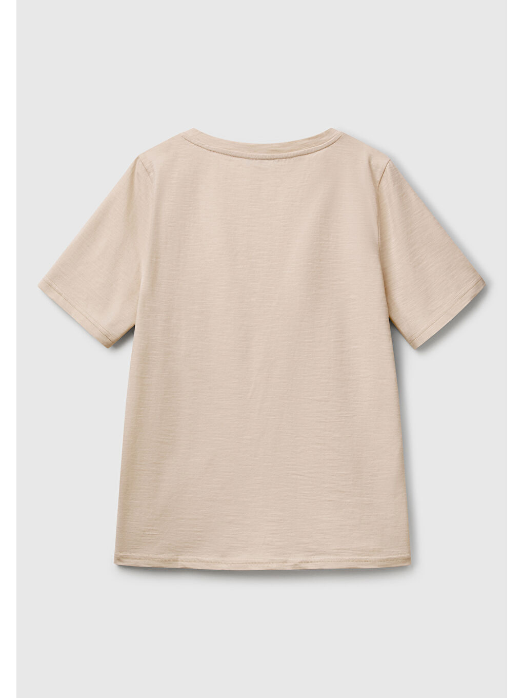 Kadın Bej %100 Pamuk V Yaka Slub T-Shirt-3