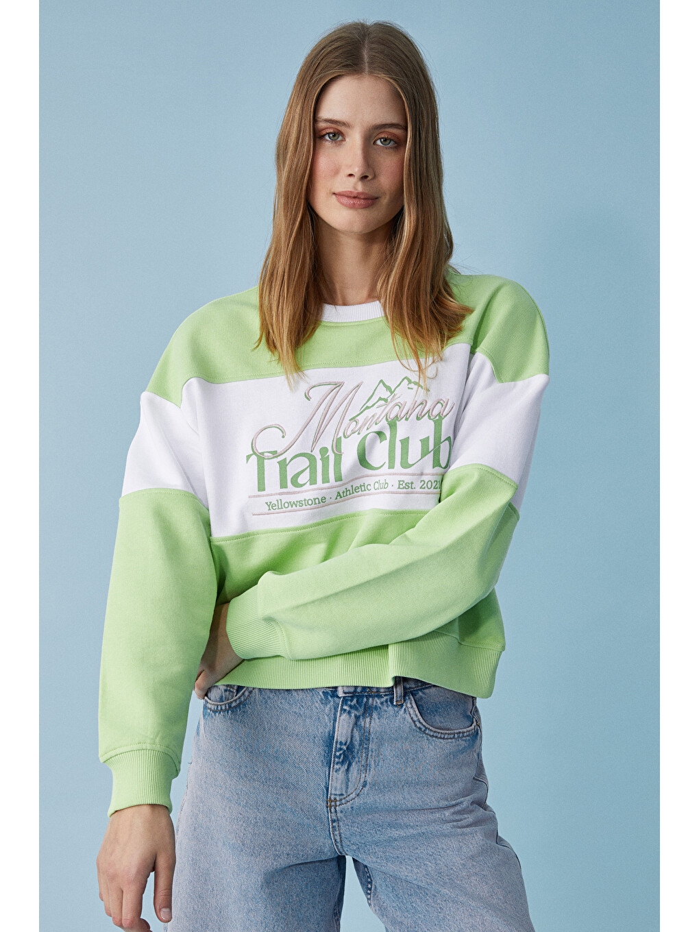 Payne Kadın Bisiklet Yaka Oversize Beyaz-yeşil Sweatshirt-2