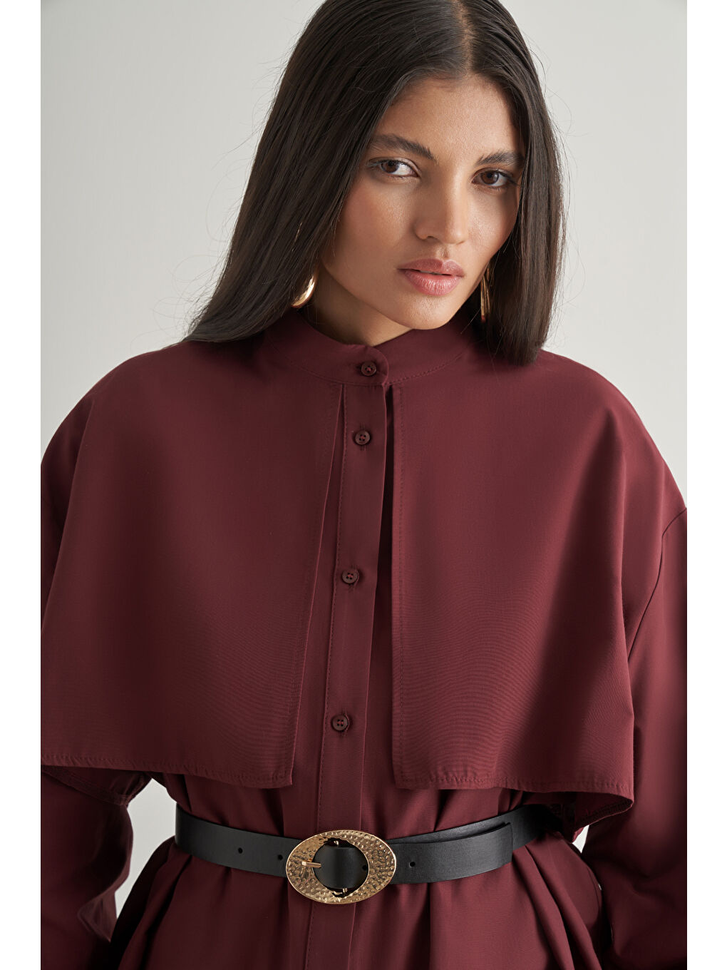 Rüzgarlıklı Hakim Yaka Uzun Mürdüm Rengi Gömlek-2