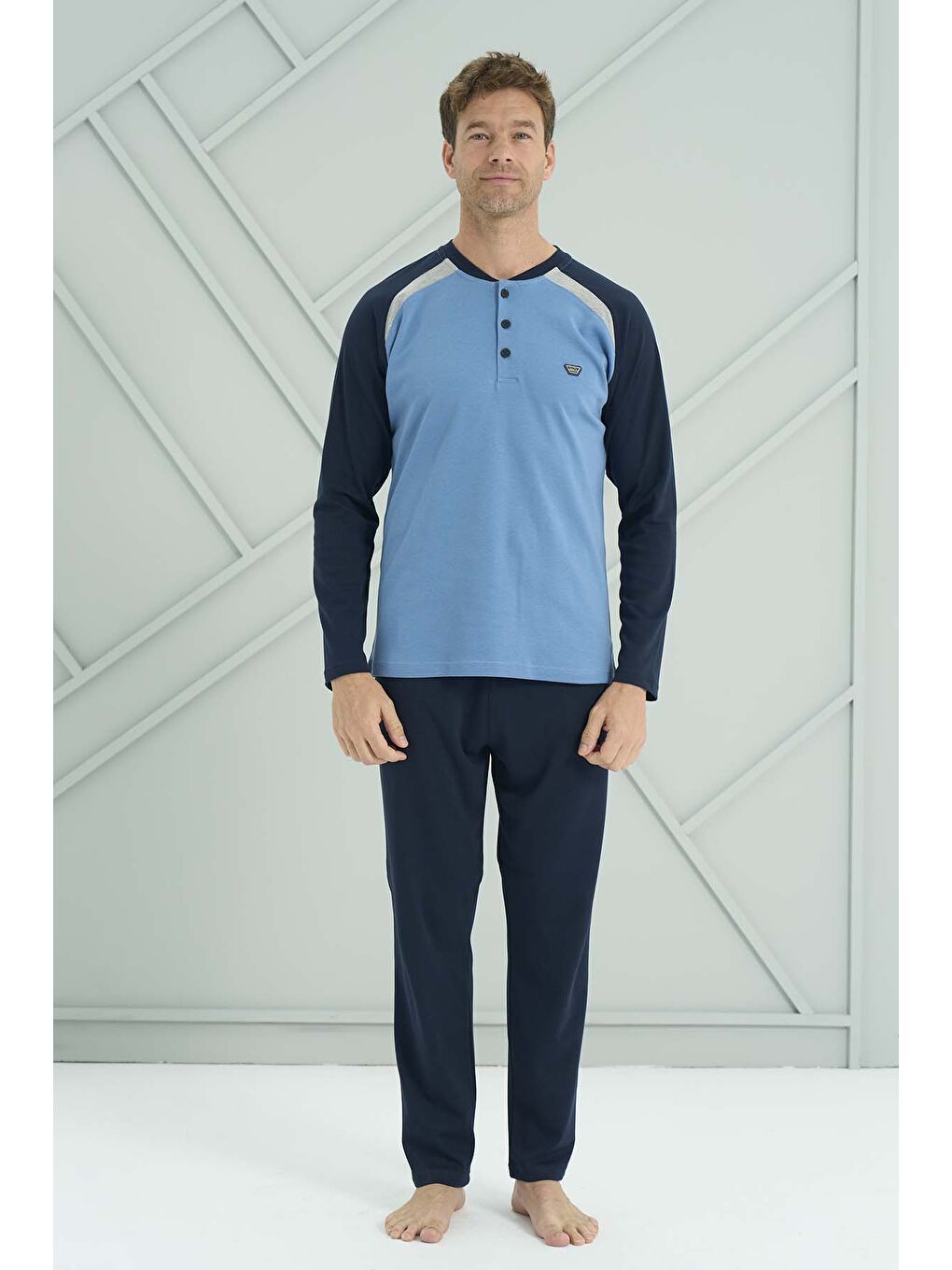 Lacivert Büyük Beden Erkek Penye Uzun Kol Pijama Takımı 2211 İndigo02-1
