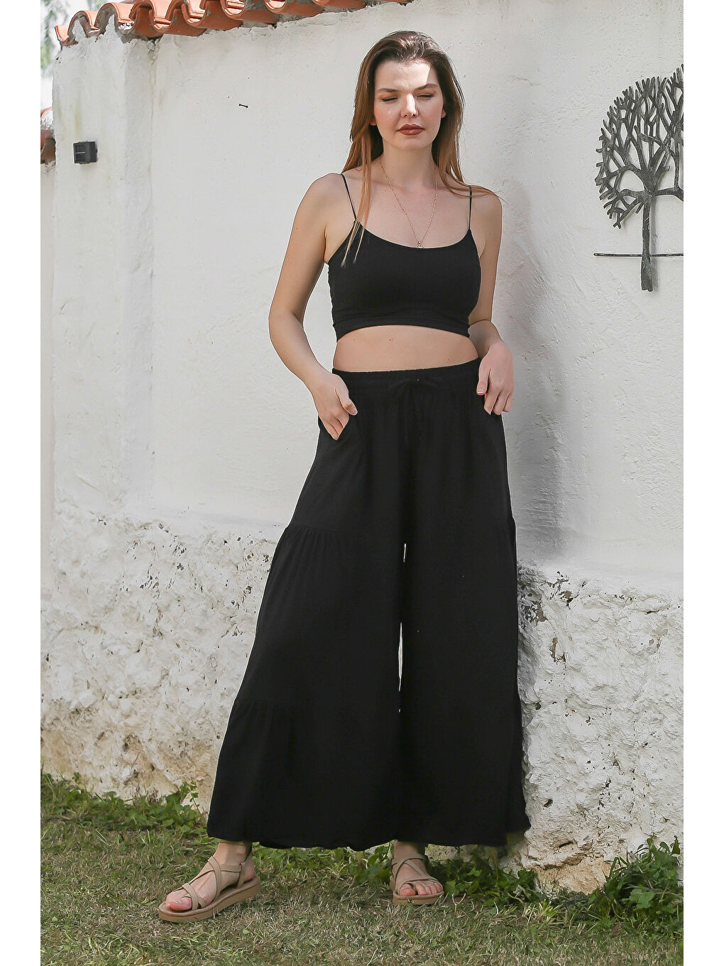 Siyah Cepli Lastikli Ve Bağlamalı Bel İspanyol Paça Casual Viskon Dokuma Pantolon 108 65-1