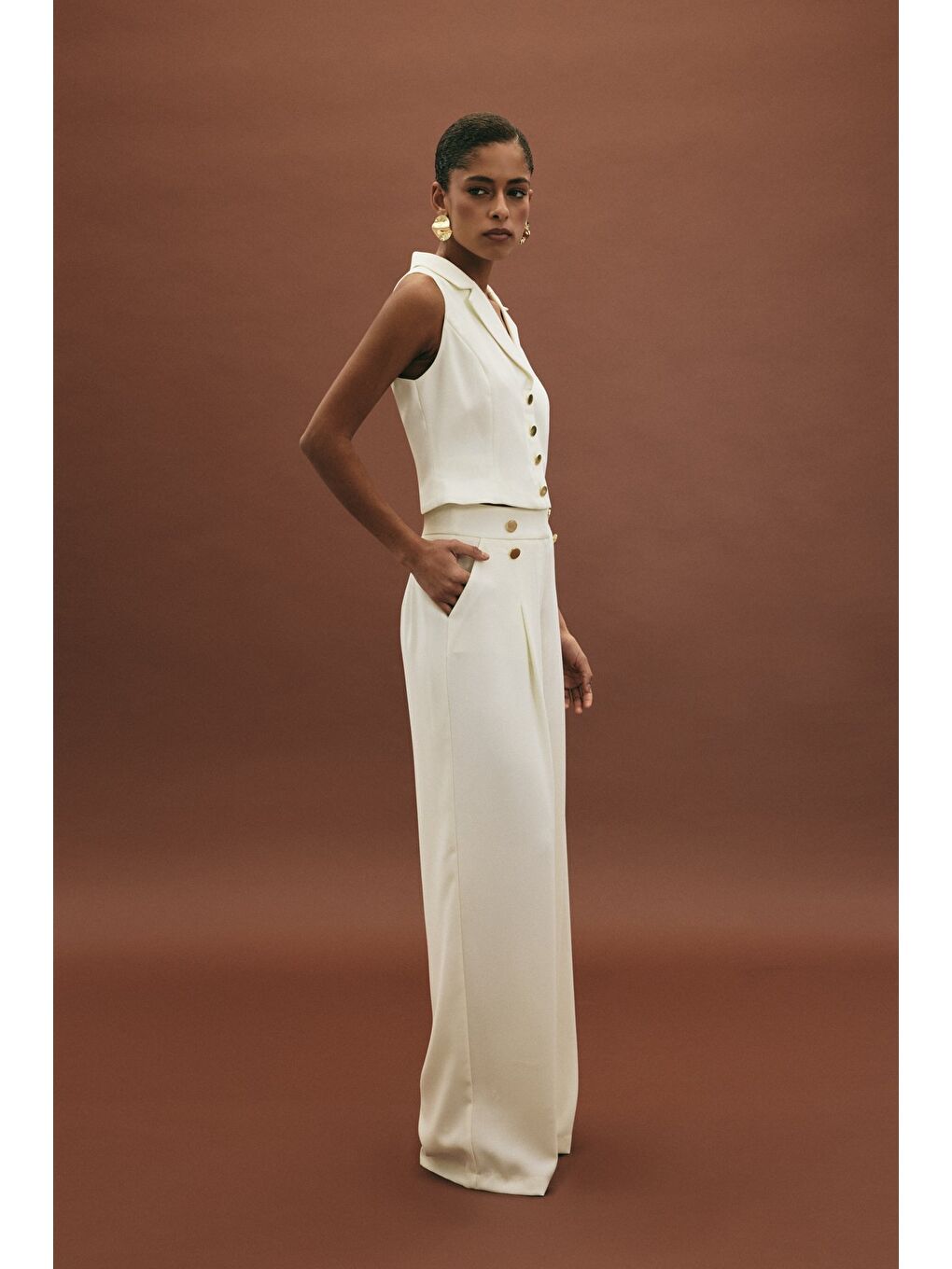 Eva Krep Pantolon - Ekru-4