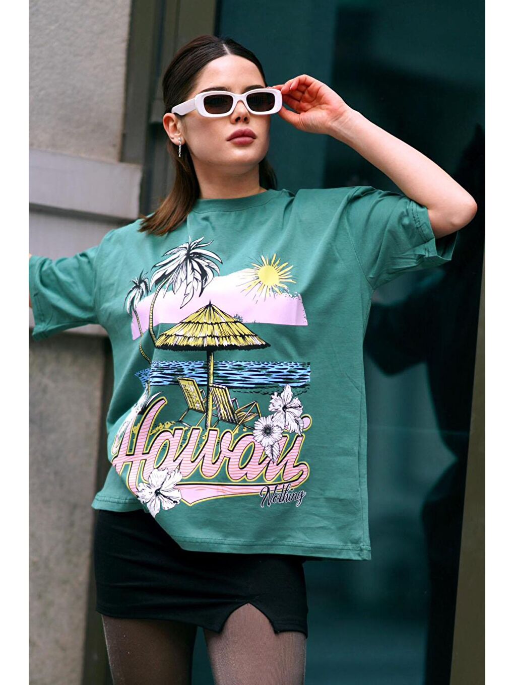 Yeşil Baskılı Bisiklet Yaka Kadın Tişört Mg1765-1