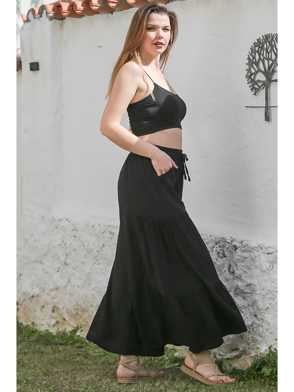 Siyah Cepli Lastikli Ve Bağlamalı Bel İspanyol Paça Casual Viskon Dokuma Pantolon 108 65-5