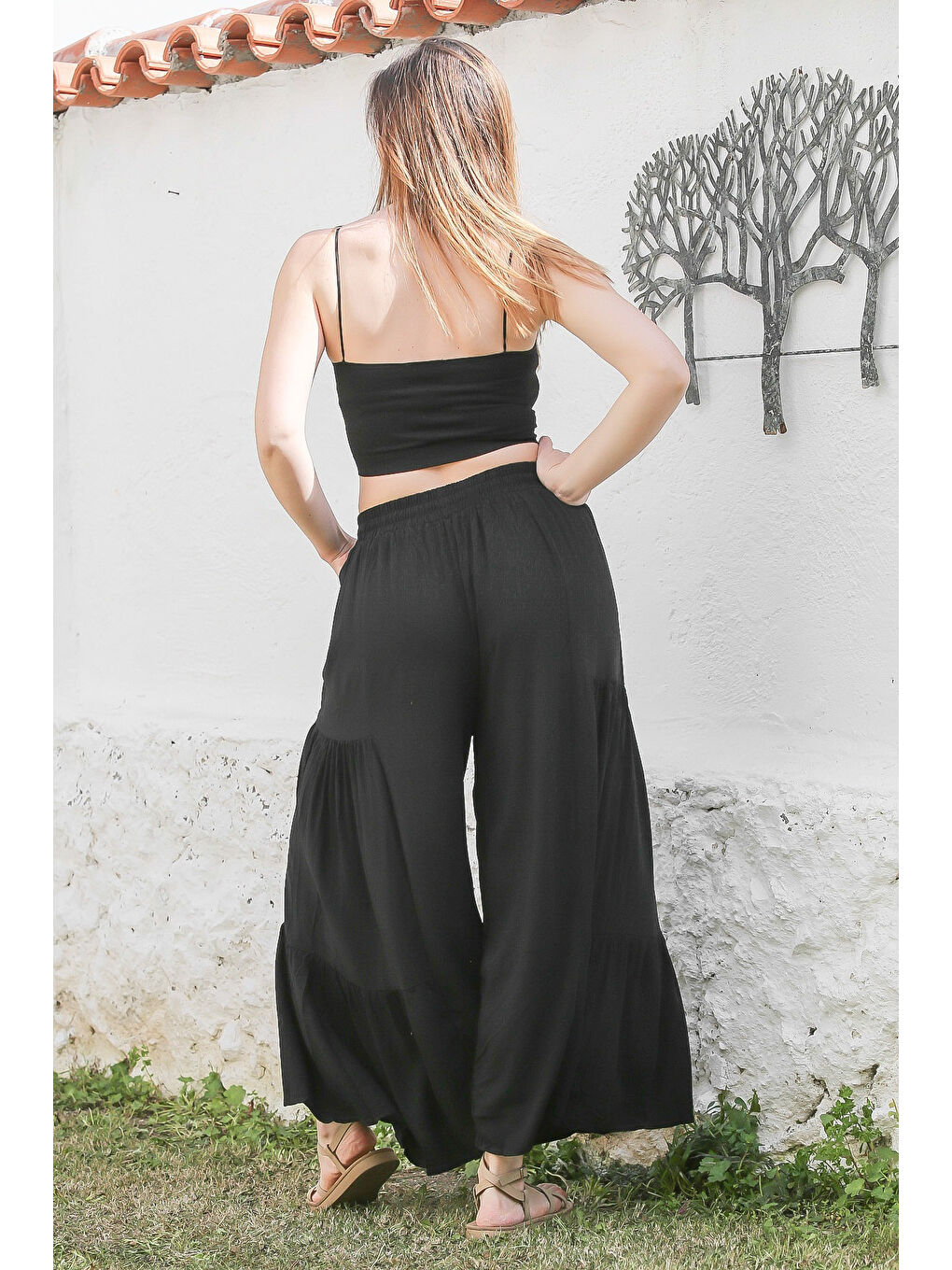 Siyah Cepli Lastikli Ve Bağlamalı Bel İspanyol Paça Casual Viskon Dokuma Pantolon 108 65-7