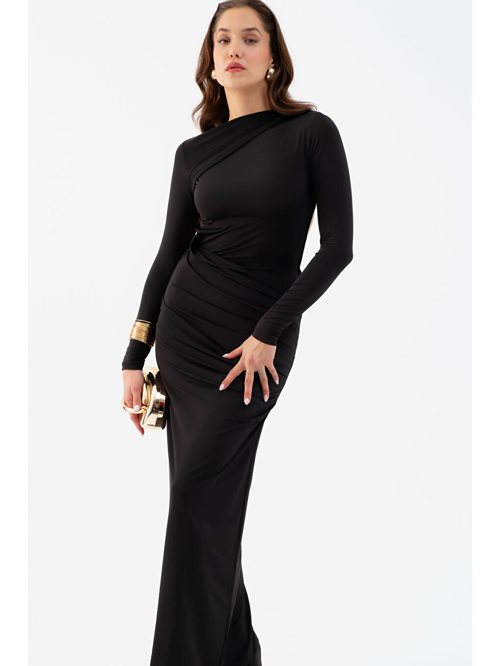 Kadın Siyah Sırt Dekolteli Uzun Örme Elbise-2