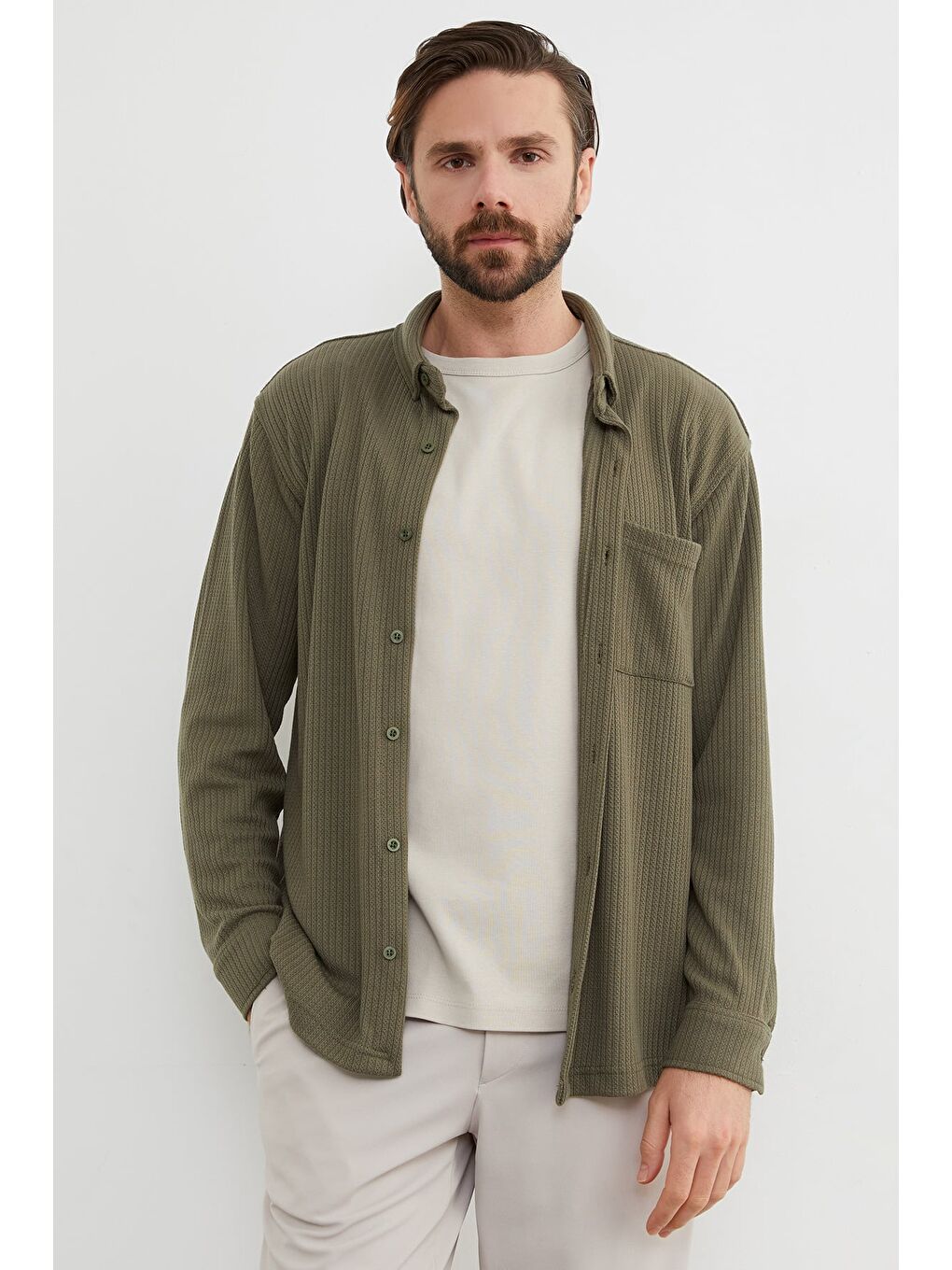 Haki Jakarlı Tek Cepli Gömlek