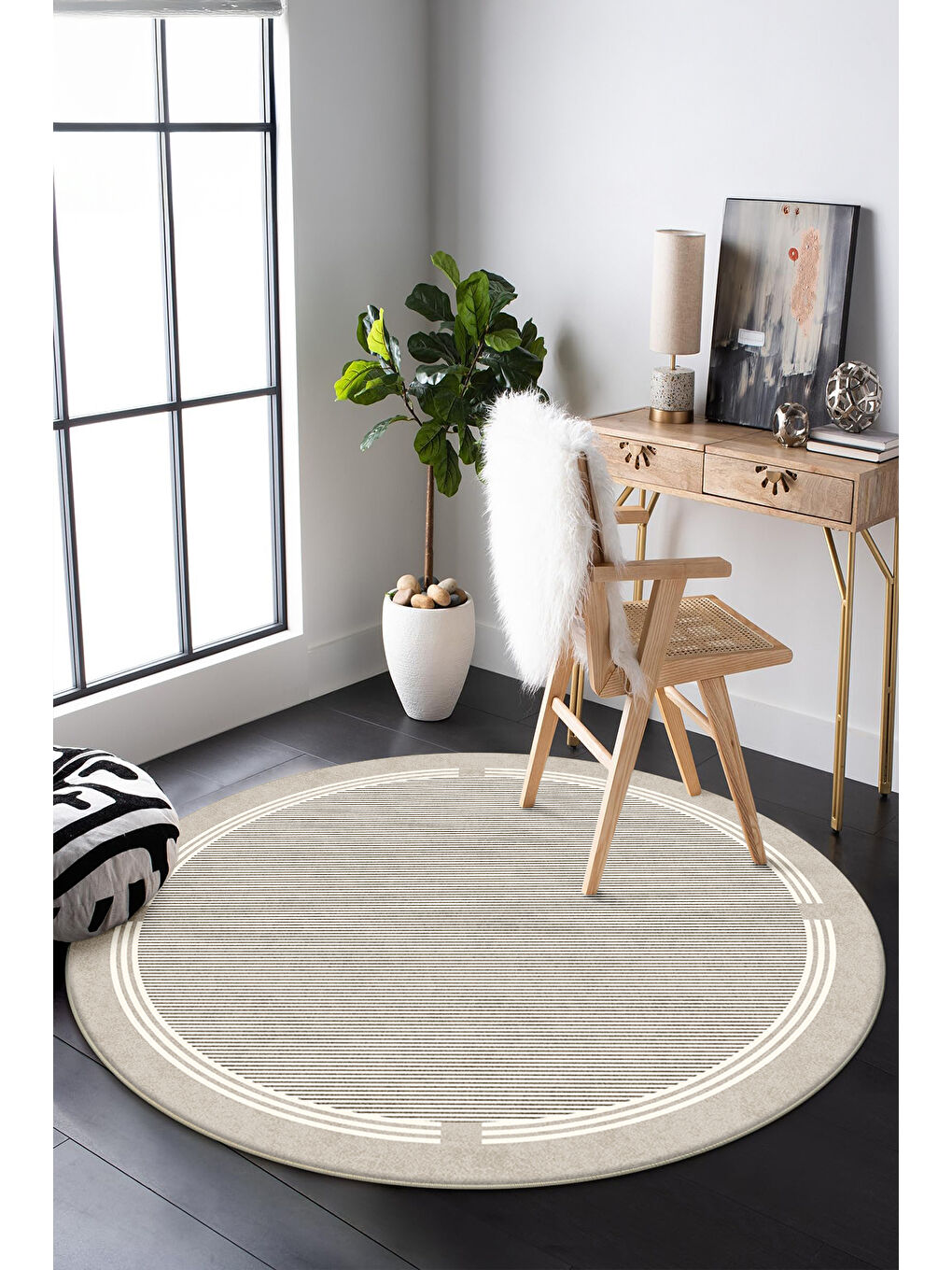 Bej Dekoratif Salon Halısı, Makinada Yıkanabilir, Kaymaz Taban, İnce & Modern Tasarım-3