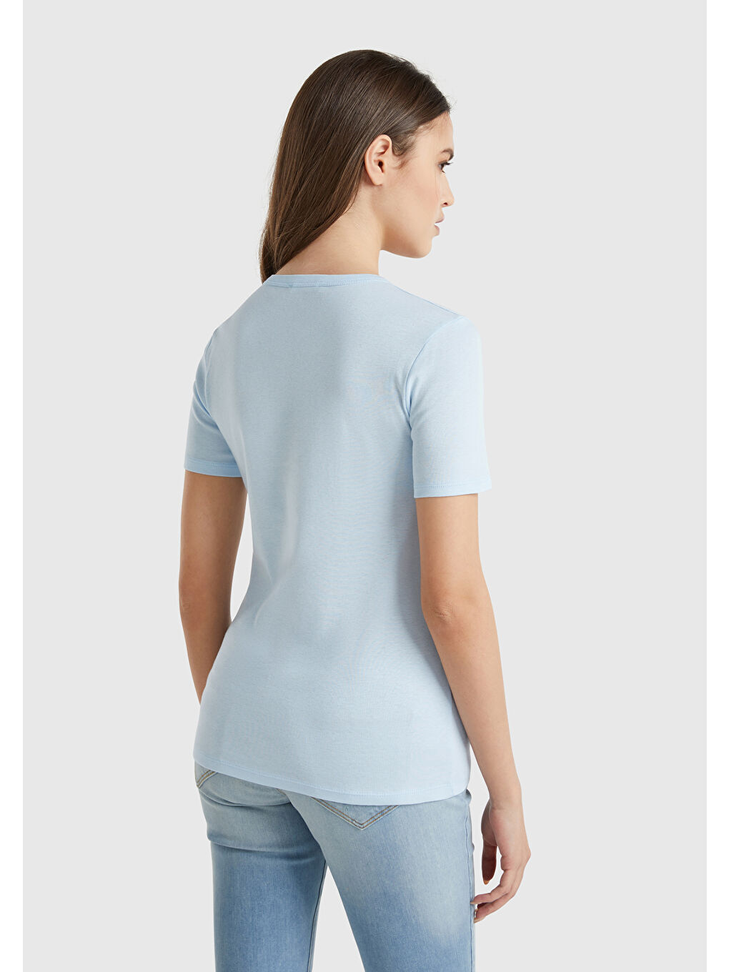 Kadın Açık Mavi  100 Pamuk Basic Kısa Kollu Bisiklet Yaka T Shirt-2