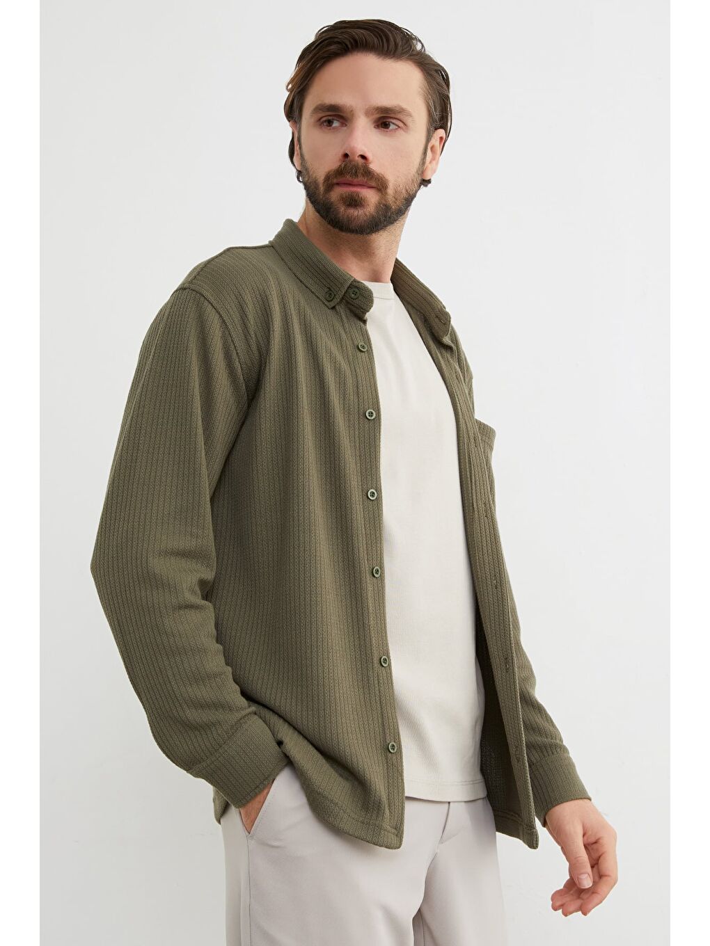 Haki Jakarlı Tek Cepli Gömlek-1
