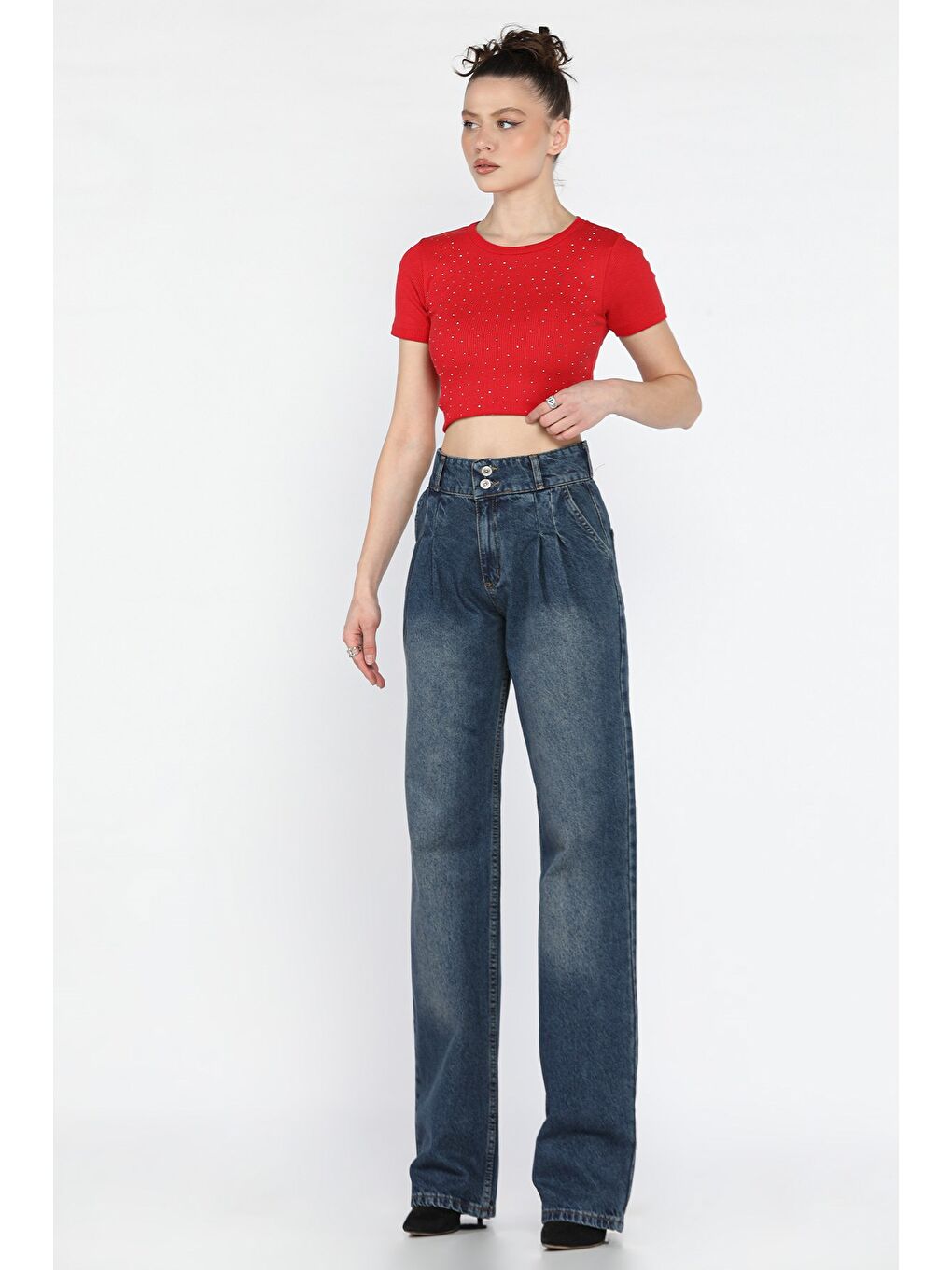 Mavi Pile Detaylı Kadın Jean Pantolon-1