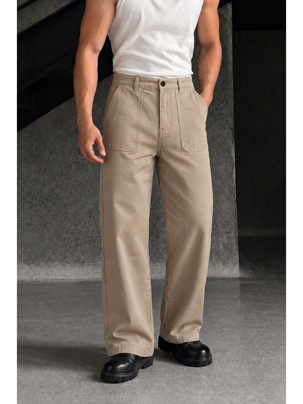 Bej Erkek Baggy Fit Old Money Cep Detaylı Pantolon