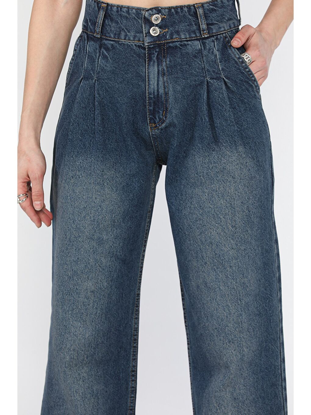 Mavi Pile Detaylı Kadın Jean Pantolon-2