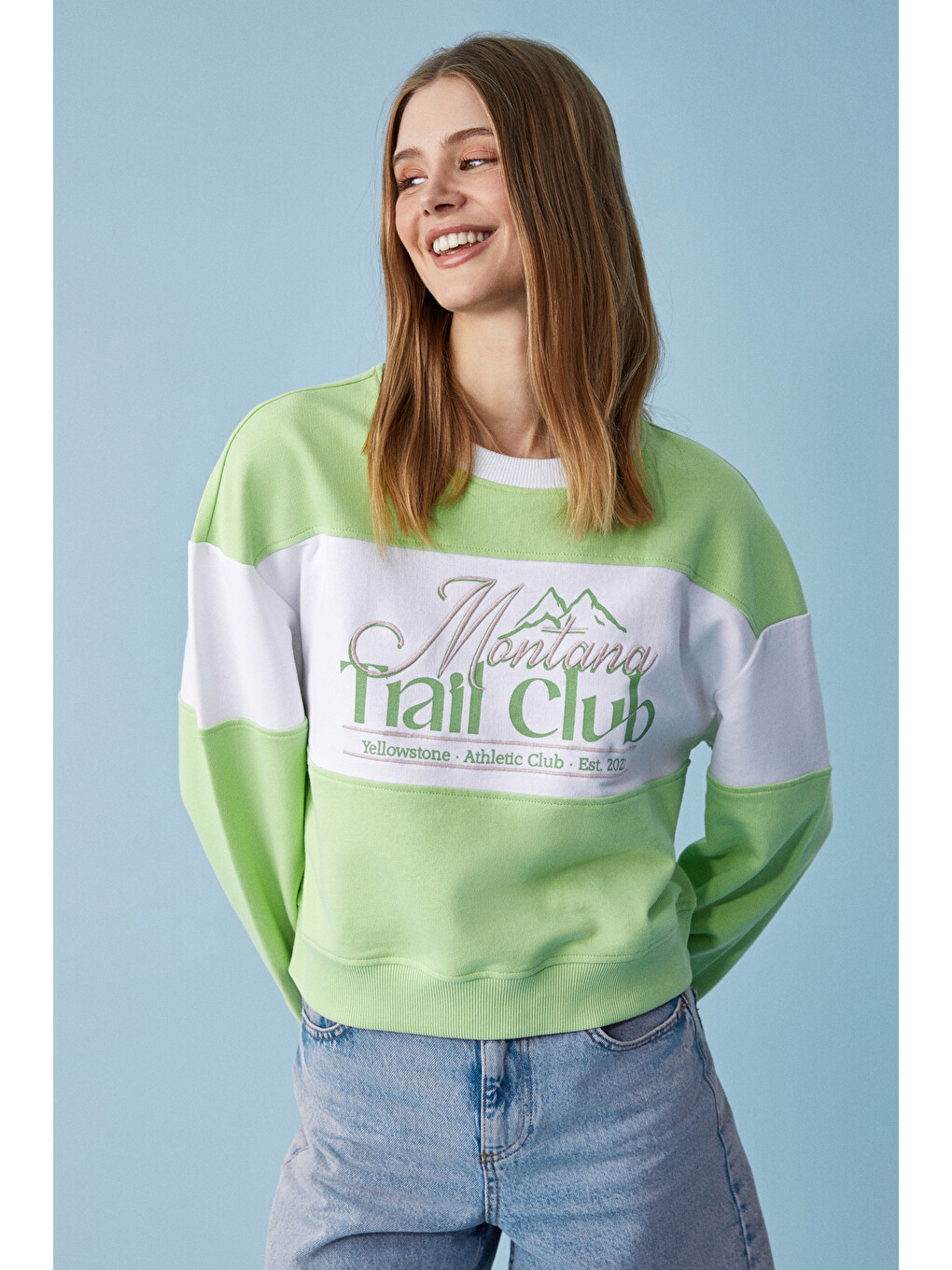 Payne Kadın Bisiklet Yaka Oversize Beyaz-yeşil Sweatshirt-3
