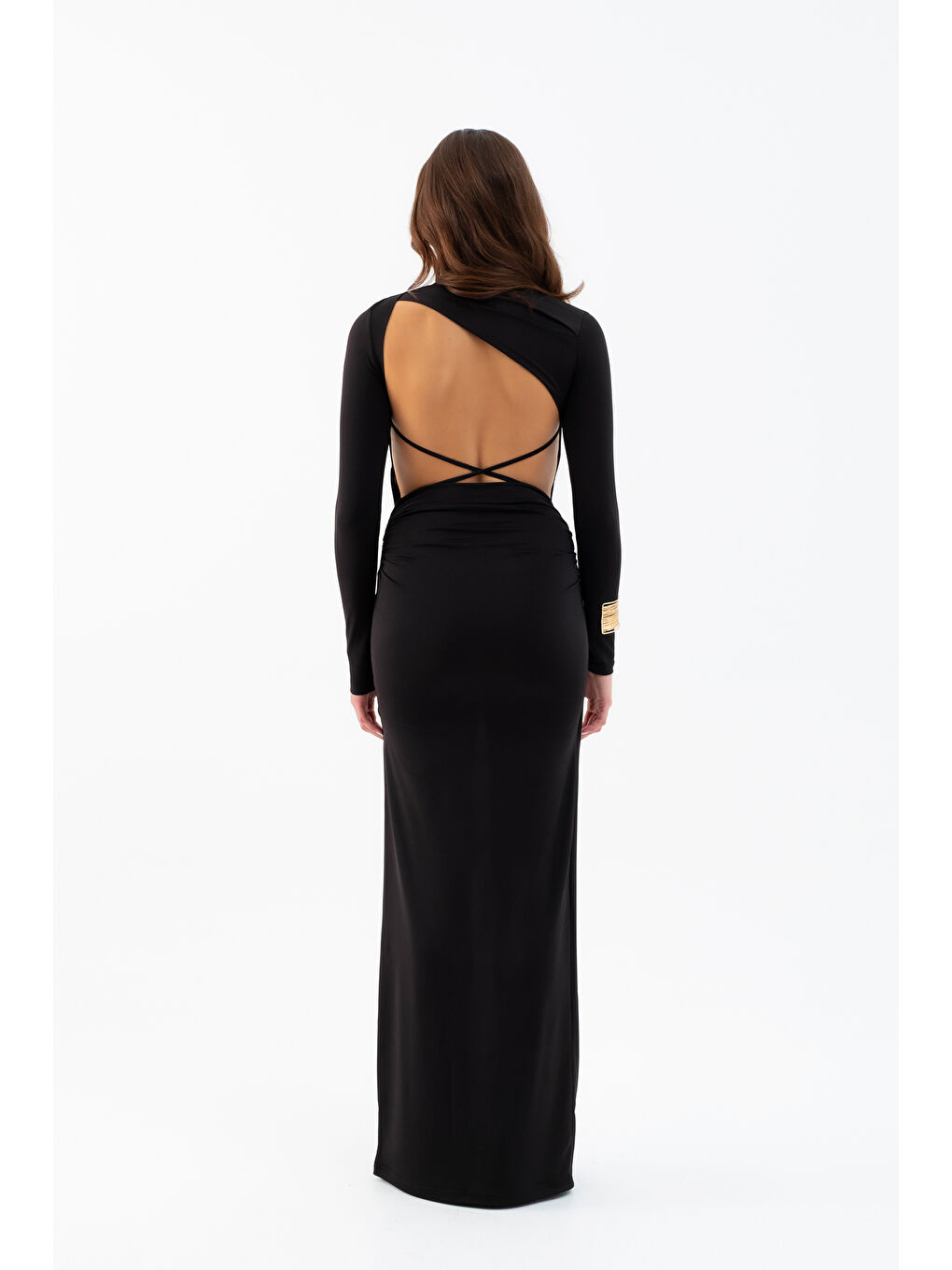 Kadın Siyah Sırt Dekolteli Uzun Örme Elbise-5