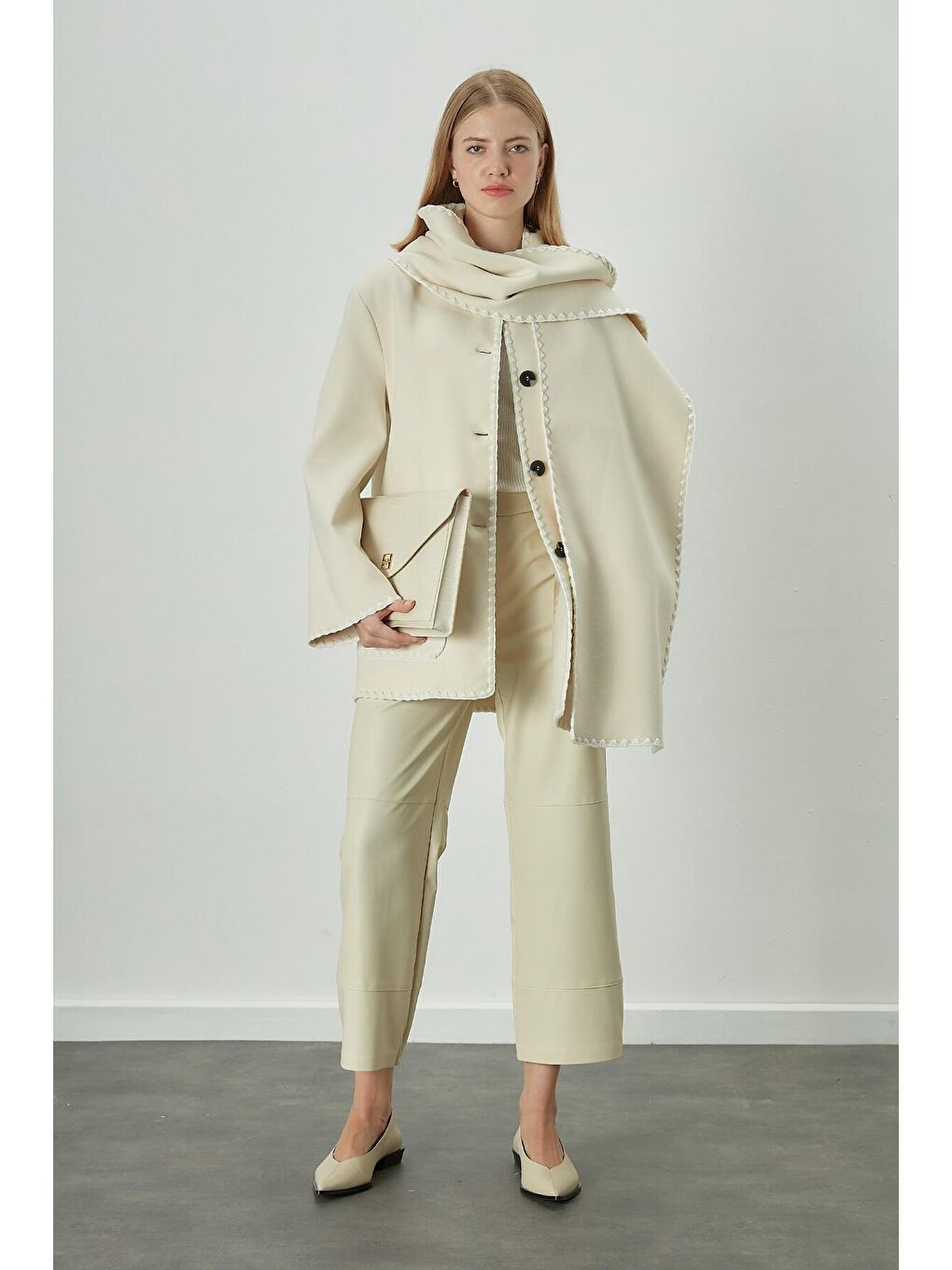 Bej Deri Flare Paça Pantolon Vanilya