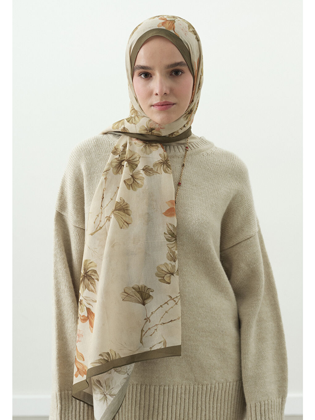 Bej FALL BREEZE DESENLİ PAMUK VİSKON ŞAL BEJ-2