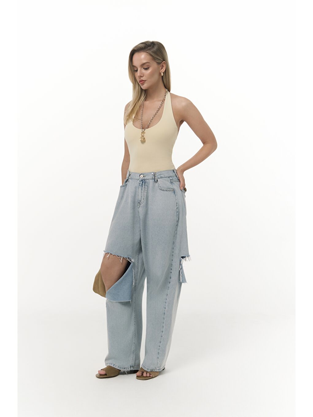 Garbo Yırtık Detay Mavi Jean Pantolon-2