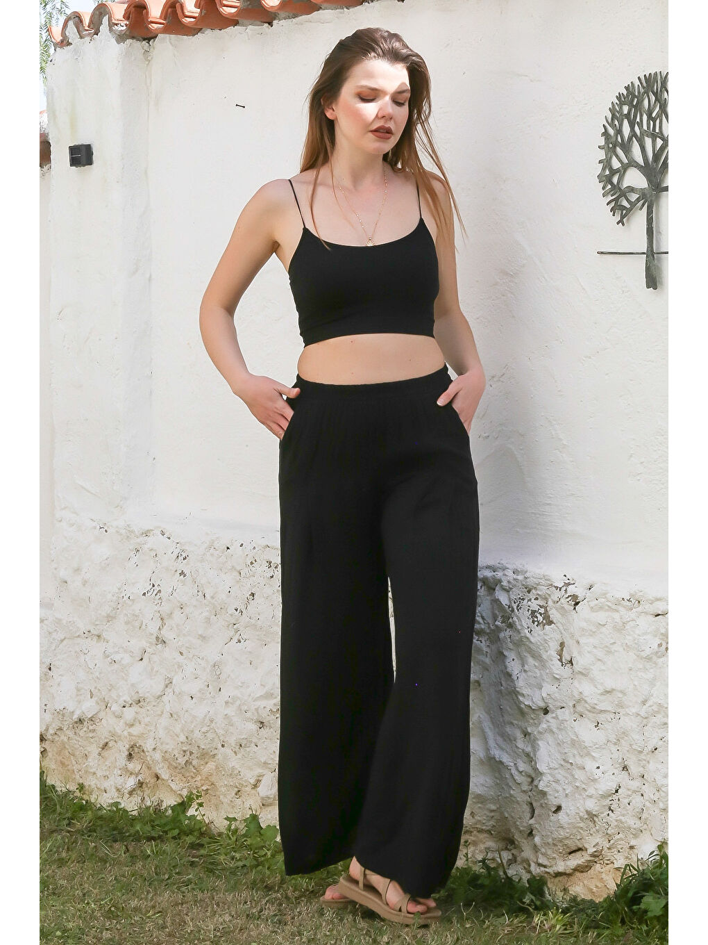 Siyah Cepli İnce Astarlı Çift Katlı Pileli Lastikli Bel Casual Dokuma Pantolon 108 60-1