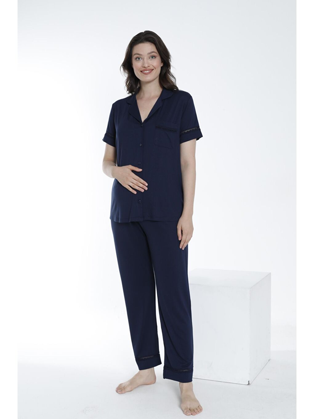 Lacivert Önden Düğmeli Dantel Detaylı Hamile ve Lohusa Pijama Takımı