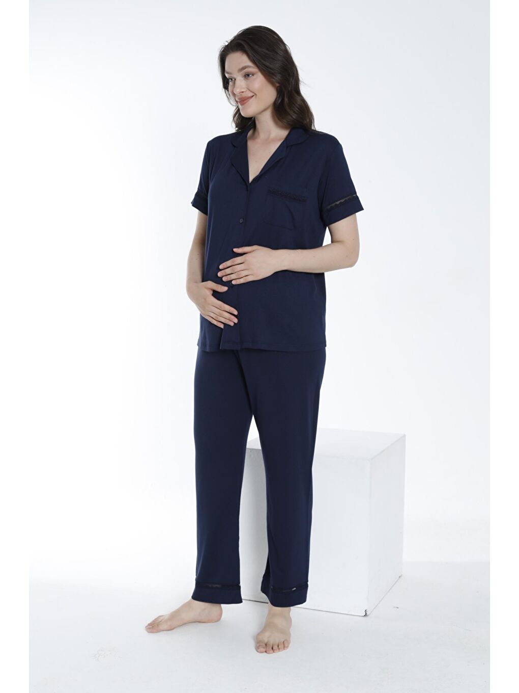 Lacivert Önden Düğmeli Dantel Detaylı Hamile ve Lohusa Pijama Takımı-1