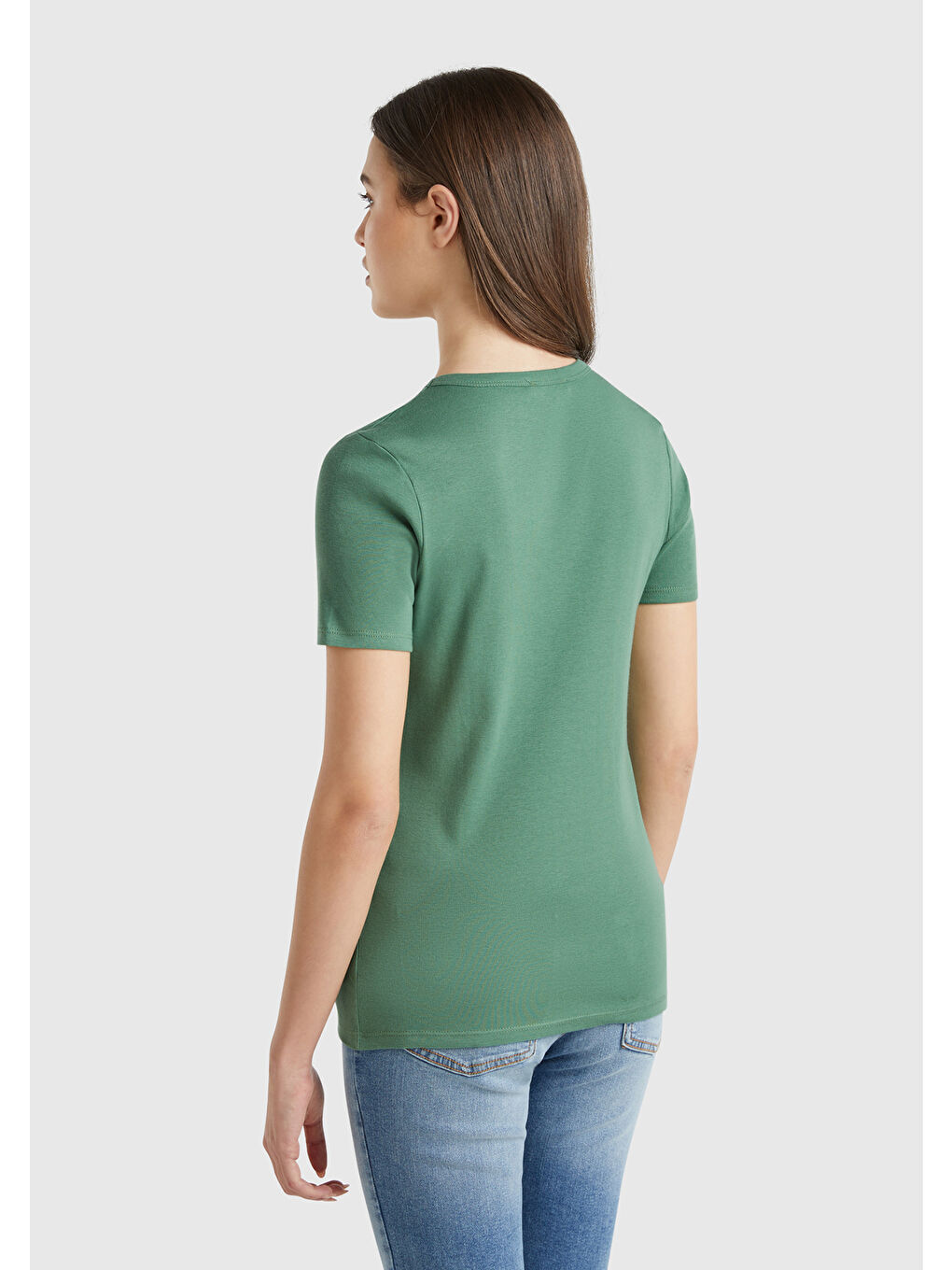 Kadın Açık Yeşil 100 Pamuk Basic Kısa Kollu Bisiklet Yaka T Shirt-1