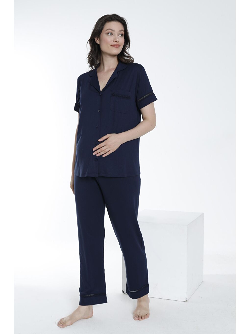 Lacivert Önden Düğmeli Dantel Detaylı Hamile ve Lohusa Pijama Takımı-2
