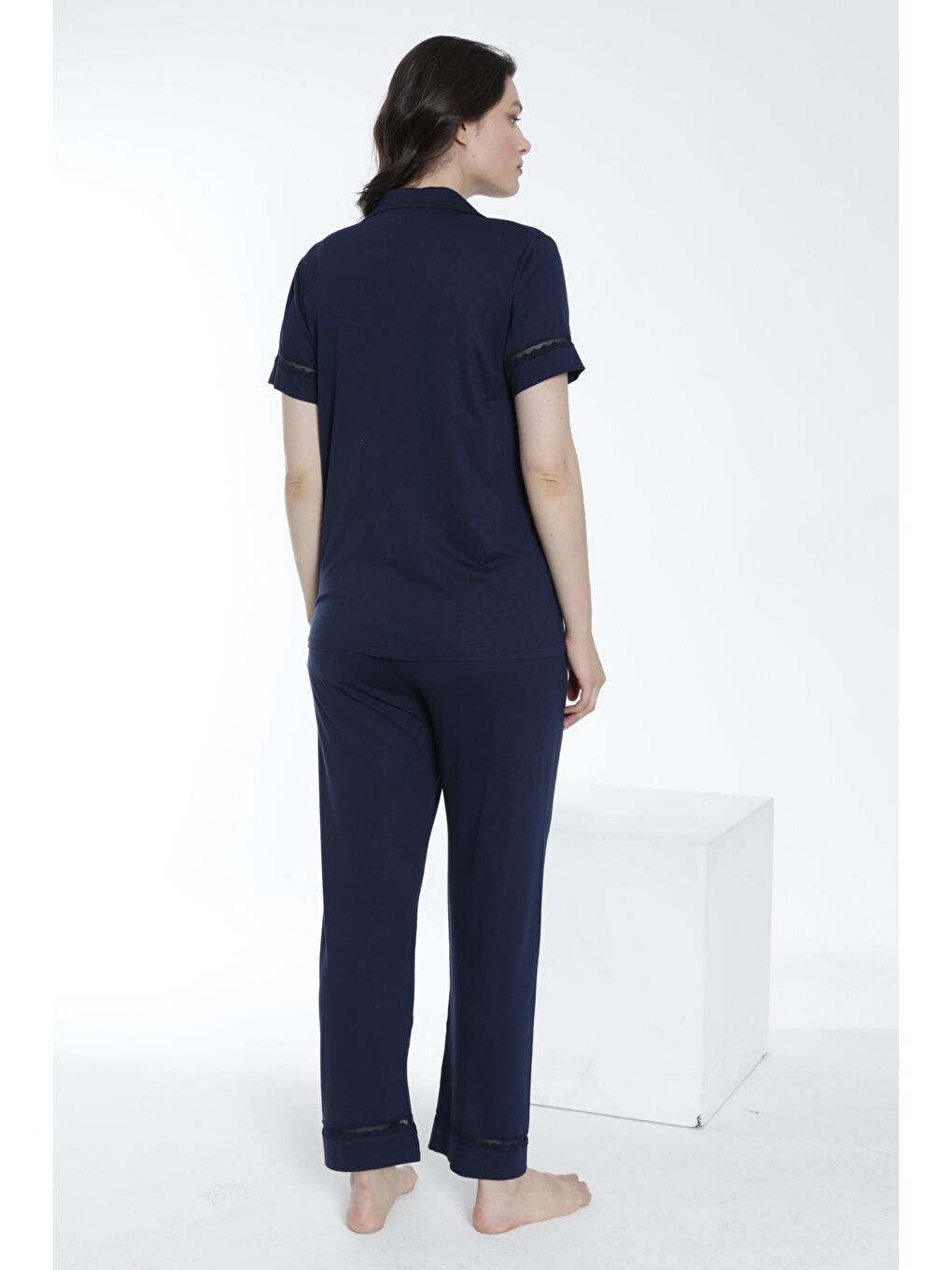 Lacivert Önden Düğmeli Dantel Detaylı Hamile ve Lohusa Pijama Takımı-3