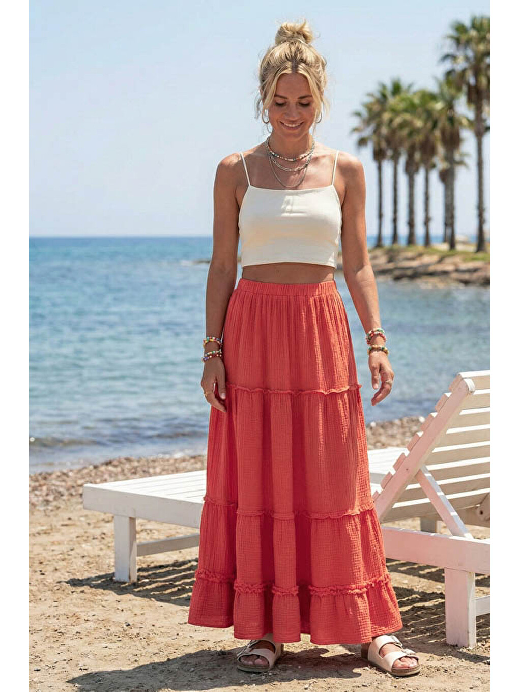 Pembe Mercan Yıkamalı Fırfırlı Lastikli Bel Casual Müslin Uzun Bol Dokuma Etek 98 60-2